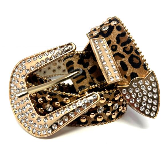 Leopard Print Rhinestone Studded Western Belt Gold Hardware L/XL main image 5